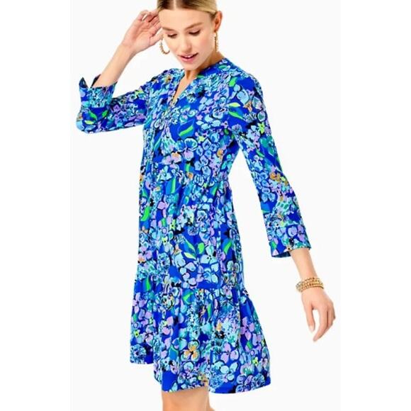 Lilly Pulitzer Alaina 3/4 Sleeve Dress Blue Grotto Twilight Tropics Print Large - Picture 1 of 8